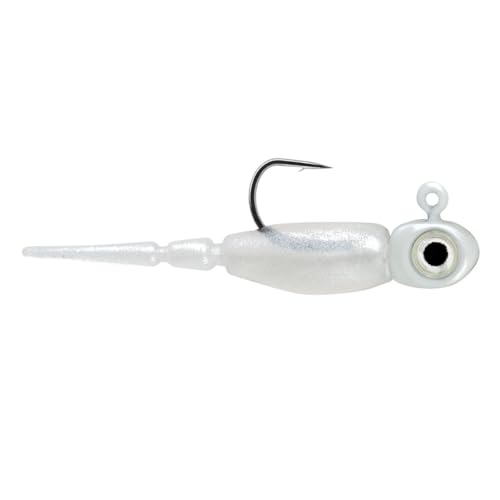 Northland Tackle Rigged Tungsten Pin Fry Ice Fishing Jig with Minnow Fry Body, 2 Pre-Rigged Jig Heads & 3 Extra Ice Fishing Plastics, Tungsten Jig Heads for Panfish, 1/28 Oz, Glo White