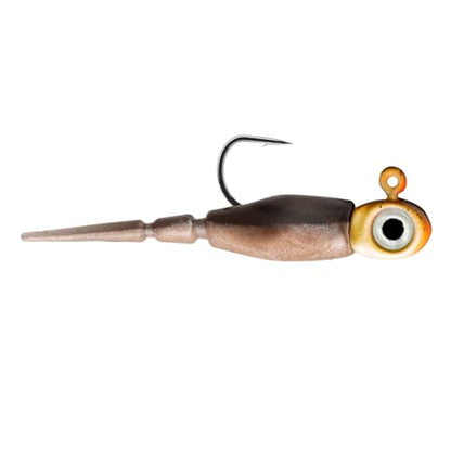 Northland Tackle Rigged Tungsten Pin Fry Ice Fishing Jig with Minnow Fry Body, 2 Pre-Rigged Jig Heads & 3 Extra Ice Fishing Plastics, Tungsten Jig Heads for Panfish, 1/16 Oz, Woodtick