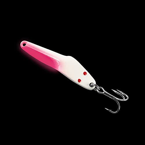 Al's Goldfish Lure Co. Lil' 49er Ice Jig - IFN50 Ice Fishing Jig with Treble Hook Off the Nose. Jigging Lure for Crappie, Perch, Panfish, Trout and Bass - 1/4 oz. 1-3/4" - color: White Pink Glow