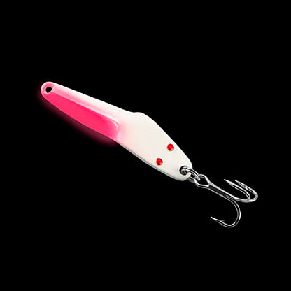 Al's Goldfish Lure Co. Lil' 49er Ice Jig - IFN50 Ice Fishing Jig with Treble Hook Off the Nose. Jigging Lure for Crappie, Perch, Panfish, Trout and Bass - 1/4 oz. 1-3/4" - color: White Pink Glow