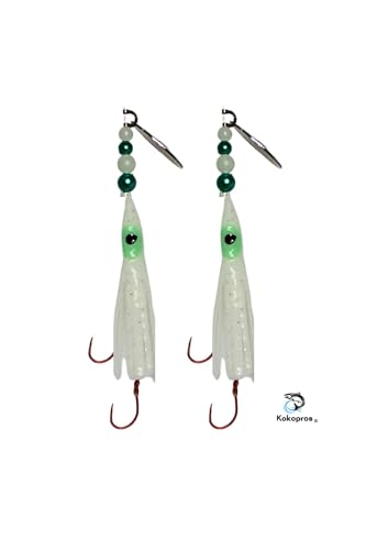 Squid Fishing Hoochies 10 Pack -Glow Fresh Water Kokanee Salmon Trolling Lures with Pre-Rigged Octopus Hooks - Spinner Blades, Synthetic Skirts Kokanee Hoochies for Salmon Fishing - style: Micro Hoochies 10-pack