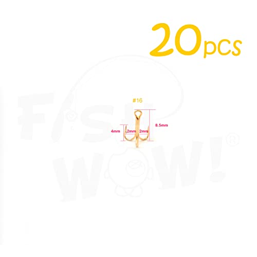 20pcs Fish WOW!® Fishing 3X Strong Treble Hooks Gold - Size #16 Tiny Size