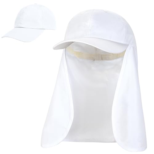 Tirrinia Wide Brim Sun Hat with Neck Flap for Men & Women, Breathable Hiking Fishing Safari Hat, Outdoor UV Protection Cap - color: White
