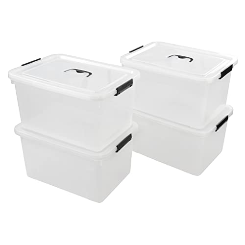 4-Pack 17.5 Quart Clear Storage Box, Plastic Storage Bins with Lids | Clear BPA-free plastic, secure black latches, lid carry handle, ideal for pantry, closet, garage & kitchen storage - size: 17.5 quart