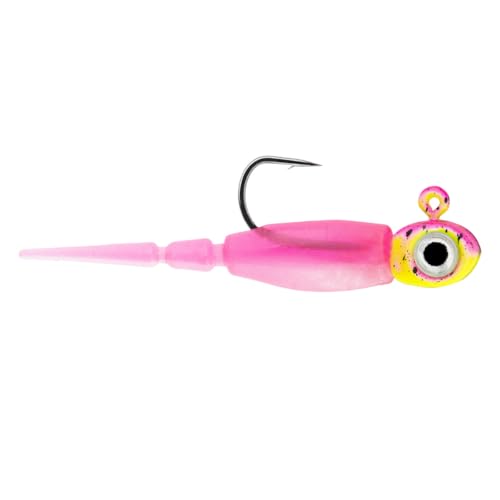 Northland Tackle Rigged Tungsten Pin Fry Ice Fishing Jig with Minnow Fry Body, 2 Pre-Rigged Jig Heads & 3 Extra Ice Fishing Plastics, Tungsten Jig Heads for Panfish, 1/28 Oz, Fruit Fly