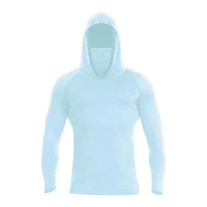 Men's UPF 50+ Sun Protection Hooded Shirt with Integrated Face Cover Long Sleeve Lightweight Rash Guard Shirts - color: C203- Cyan, size: XX-Large