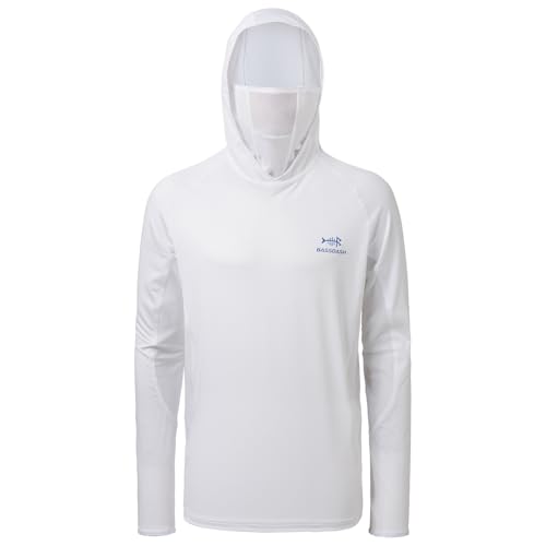 BASSDASH UPF 50+ Men’s Long Sleeve Fishing Shirt with Mask UV Neck Gaiter Hoodie - color: White, size: Small