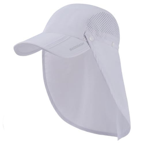 BASSDASH UPF 50+ Foldable Fishing Hat Baseball Cap with Removable Neck Flap Portable for Men Women Golf Hiking - color: White With Foldable Brim