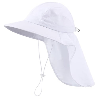 Home Prefer UPF 50+ Sun Hats for Men Women Wide Brim Fishing Hat with Neck Flap UV Protection Sunblock Safari Bucket Hat - color: White