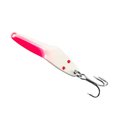 Al's Goldfish Lure Co. Lil' 49er Ice Jig - IFN50 Ice Fishing Jig with Treble Hook Off the Nose. Jigging Lure for Crappie, Perch, Panfish, Trout and Bass - 1/4 oz. 1-3/4" - color: White Pink Glow