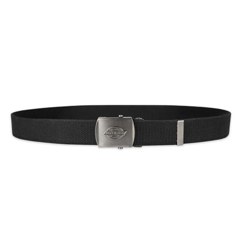 Dickies mens Fabric Web Plaque Logo Buckle Belt - Fits Up to Size 42" Waist - color: Black and Tan, size: One Size - Cut to Fit