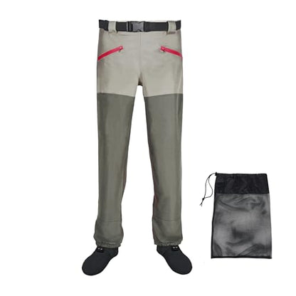 Waist Wader Pants for Men and Women, 3-Ply Breathable Waterproof Fishing Waders with Pockets and Durable Stockingfoot - size: X-Large