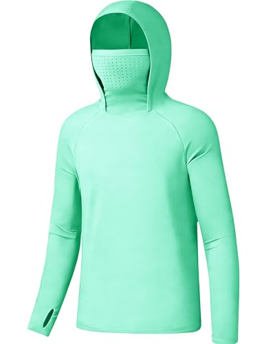 Boys Hooded Fishing Shirt with Mask, Kids UPF 50+ Long Sleeve Rash Guard Hoodie, Sun Protection Beach Swim Shirts - color: Green, size: Small