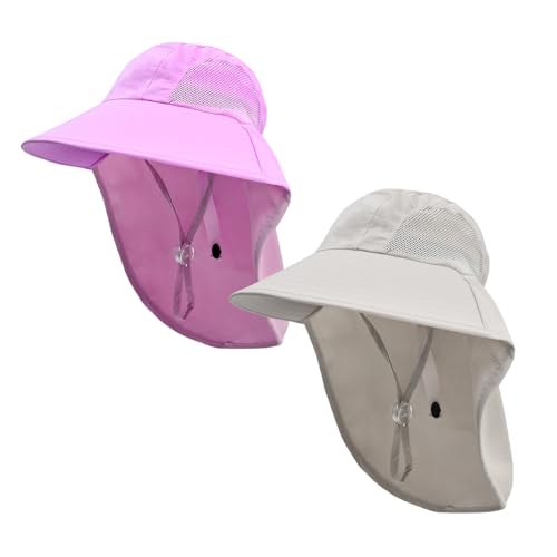 Rosoz Kids Sun Hat with Neck Flap UV Protection Summer Toddler Beach Hat Unisex Ponytail Hat Wide Brim Fishing Hat - color: 2pack-purple+l Grey