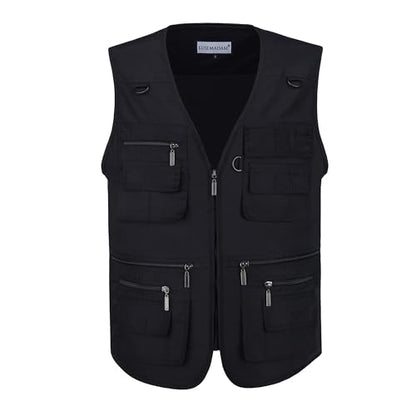 Men's Stone Washed Denim Multi-pocketed Fishing Work Outerwear Vest - color: Pure Black, size: Small