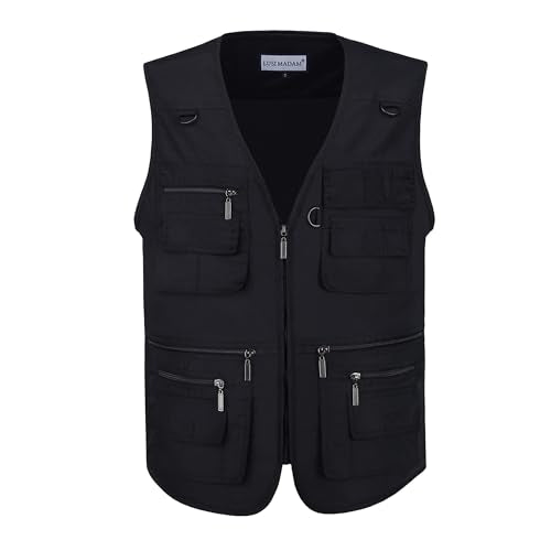 Men's Stone Washed Denim Multi-pocketed Fishing Work Outerwear Vest - color: Pure Black, size: 6X-Large
