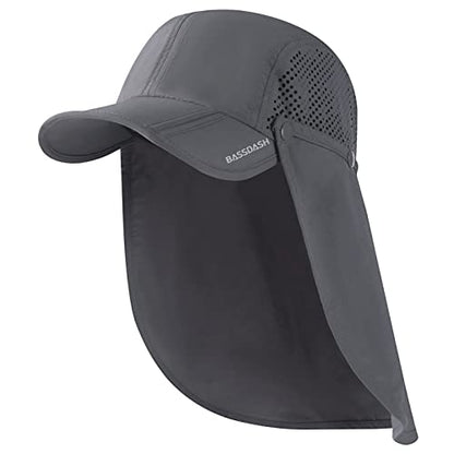 BASSDASH UPF 50+ Foldable Fishing Hat Baseball Cap with Removable Neck Flap Portable for Men Women Golf Hiking - color: Dark Grey With Foldable Brim