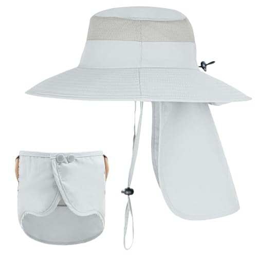 Sun Hats for Men Women Fishing Hat UPF 50+ Breathable Wide Brim Bucket Hats Summer UV Protection Safari Hat with Neck Flap - color: Light Grey (With Face Cover)