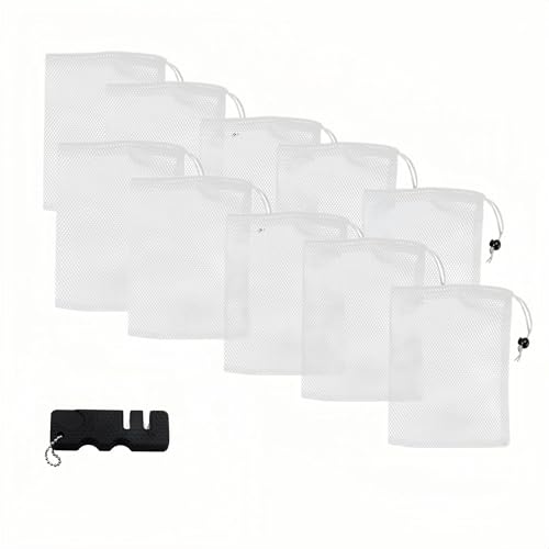 10-Pack Premium Nylon Mesh Chum Bags for Fishing – Large 14x16 inch Drawstring Bait Bags for Maximum Bait Release & Attraction, Durable Saltwater Net + Bonus Knife Sharpener