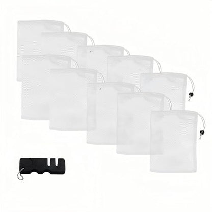 10-Pack Premium Nylon Mesh Chum Bags for Fishing – Large 14x16 inch Drawstring Bait Bags for Maximum Bait Release & Attraction, Durable Saltwater Net + Bonus Knife Sharpener