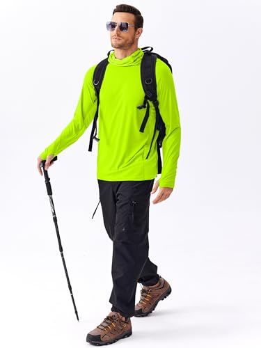 PINSPARK Men's Sun Protection Hoodie with Mask UPF 50+ UV Long Sleeve Shirt Men Rash Guard Performance Fishing Hiking Shirt - color: Lemon Green, size: 3X-Large