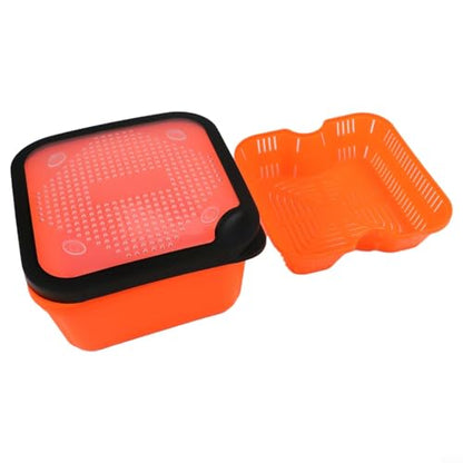 Live Bait Storage Box for Carp Fishing with Pellet Strainer, Draining Container for Hemp, Meat, Casters and Dead Worms, Secure Fit Lid Orange(8.5-OS) - size: 8.5-OS