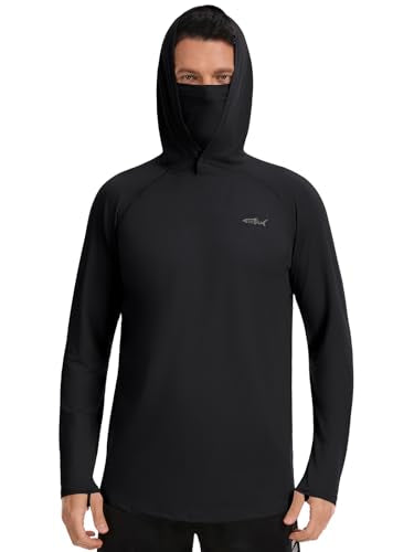 Men's UPF 50+ Sun Protection Hoodie Lightweight Quick Dry Fishing Shirts Long Sleeve Rash Guard with Mask - color: Black, size: Large