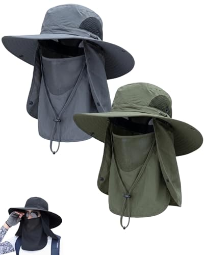 Mens Sun Hat with Neck Flap & Face Cover UPF 50+ Ultimate 360° All Terrain UV Protection Wide Brim Bucket Hats Hiking Fishing - color: 2pcs#f