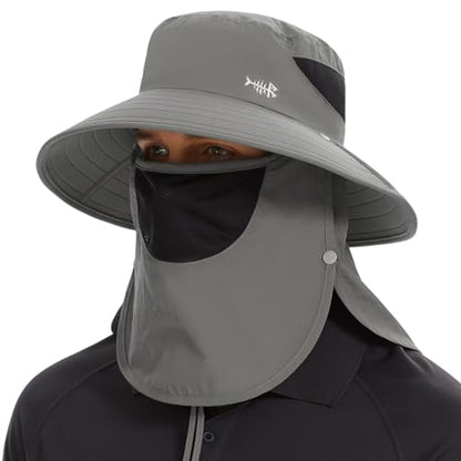 BASSDASH UPF 50+ Breathable Sun Hat with Removable Face Cover and Neck Flap Wide Brim Bucket Hat for Fishing Hiking Men Women - color: Light Grey