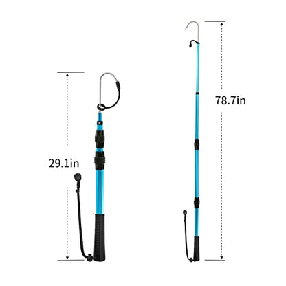 SANLIKE Telescopic Fishing Gaff, Aluminum Pole, Stainless Steel M8 Hook | Ultralight 4.62oz aluminum telescopic gaff (11.4"-24") with nonslip rubber handle, sharp stainless hook & safety lanyard - color: Blue, size: L-Extended 78.7"