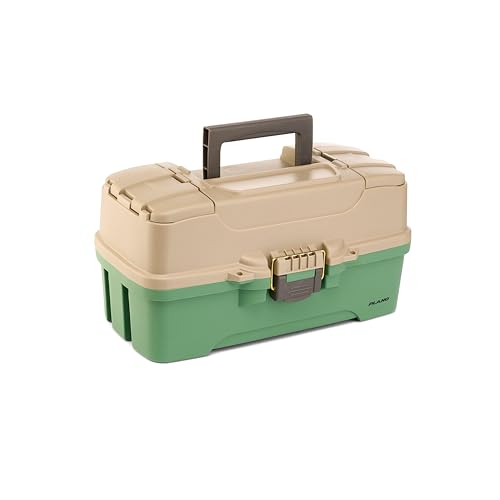 Plano Three-Tray Tackle Box Catfish Kit, Green/Tan, Rust-Proof Brass Latch, Top-Access Tray Compartments with Deep Storage, Made in the USA, Portable Fishing Gear Storage Organizer - style: Catfish