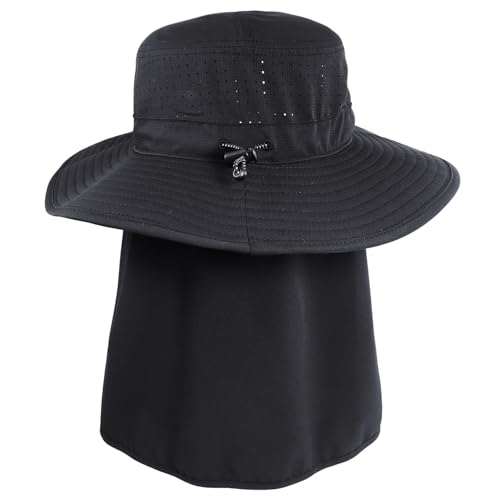 Connectyle Men's Wide Brim Sun Hat with Neck Flap UPF 50+ Packable Breathable Boonie Bucket Hat for Fishing Hiking Safari - color: Black