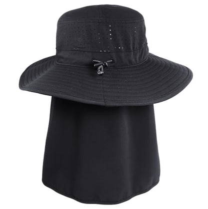 Connectyle Men's Wide Brim Sun Hat with Neck Flap UPF 50+ Packable Breathable Boonie Bucket Hat for Fishing Hiking Safari - color: Black