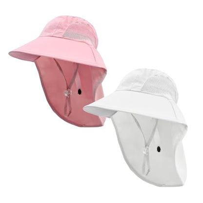 Rosoz Kids Sun Hat with Neck Flap UV Protection Summer Toddler Beach Hat Unisex Ponytail Hat Wide Brim Fishing Hat - color: Light Pink+white