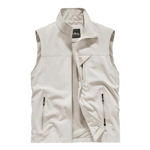Mens Casual Vests Sleeveless Zip Up Lightweight Fishing Vests Hiking Tactical Windbreakers Outerwear with Pockets - color: #02 Beige, size: XX-Large