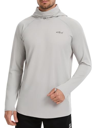 Men's UPF 50+ Sun Protection Hoodie Lightweight Quick Dry Fishing Shirts Long Sleeve Rash Guard with Mask - color: Light Grey, size: Small