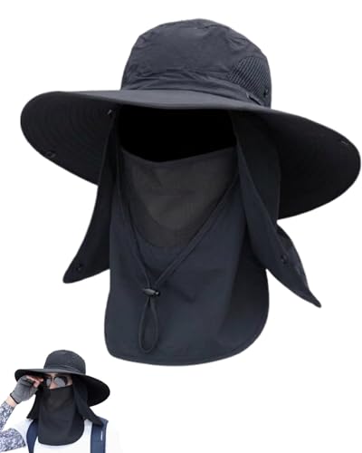 Mens Sun Hat with Neck Flap & Face Cover UPF 50+ Ultimate 360° All Terrain UV Protection Wide Brim Bucket Hats Hiking Fishing - color: Black