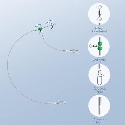 Fishing Leader Fishing Rigs, Luroad 6/12/18 Pcs Nylon-Coated Lines with Swivels Snap Beads, Stainless Steel Hooks Crimps Saltwater Freshwater for Fishing Lovers Angler, 1 Arm/ 2 Arms - color: B.1 Arm-Green-12pcs