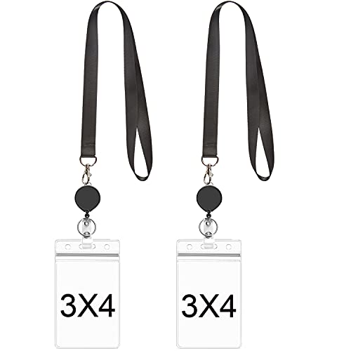 2Pcs Black Lanyards with Vertical ID Badges Holder 4x3 and Retractable Reel | Flat,with Metal Hook,for office - color: Black Lanyard With Badge Holder 4x3 Vertical