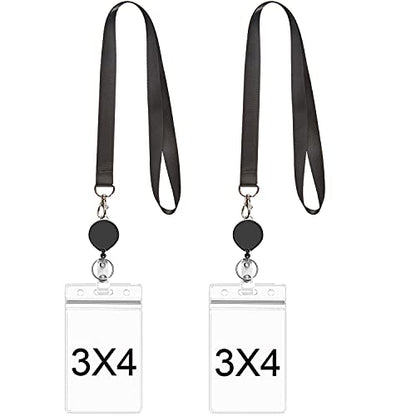 2Pcs Black Lanyards with Vertical ID Badges Holder 4x3 and Retractable Reel | Flat,with Metal Hook,for office - color: Black Lanyard With Badge Holder 4x3 Vertical
