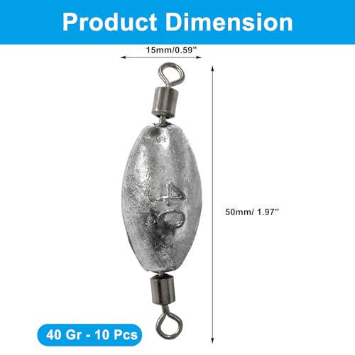 Uenhoy Fishing Weights Inline Trolling Fishing Sinker Tackle with Inner Swivels, Oval Drop Casting Fishing Weight Sinkers - size: 1.4 oz, 10pcs