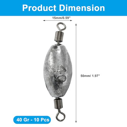 Uenhoy Fishing Weights Inline Trolling Fishing Sinker Tackle with Inner Swivels, Oval Drop Casting Fishing Weight Sinkers - size: 1.4 oz, 10pcs