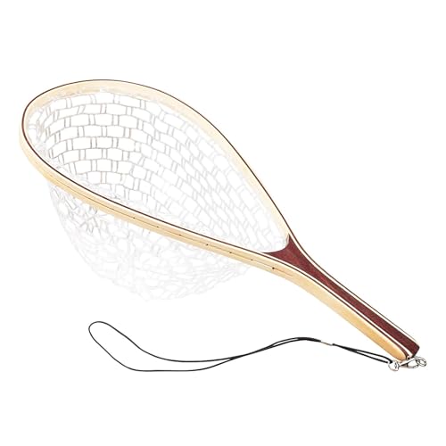 Wooden Frame Fly Fishing Landing Net with Soft Knotless Rubber Mesh, Fish Friendly Catch and Release Net for Trout Bass, Lightweight Wading Tool with Magnetic Release for Angler Gift