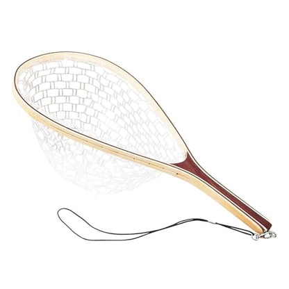 Wooden Frame Fly Fishing Landing Net with Soft Knotless Rubber Mesh, Fish Friendly Catch and Release Net for Trout Bass, Lightweight Wading Tool with Magnetic Release for Angler Gift