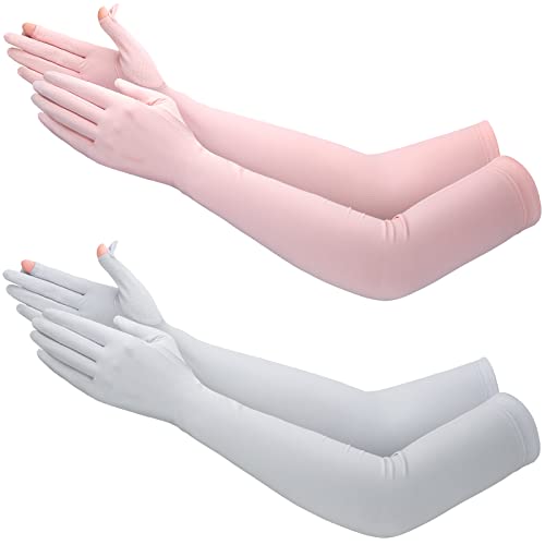 Jecery 2 Pairs UV Long Sun Gloves Women's Sunblock Driving Gloves Non Slip Full Finger Arm Sun Protective for Outdoor Sports - color: Pink, Gray