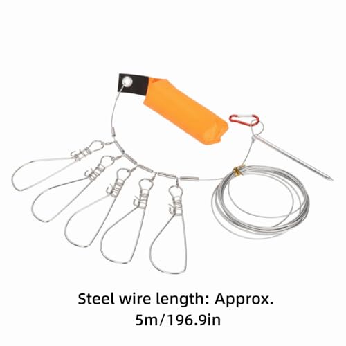 5m Stainless Steel Fish Stringer with 5 Buckle Snaps - Heavy Duty Orange Fishing Lock Cable for Sea, Ice, Kayak Fishing (5 Movable Snaps)