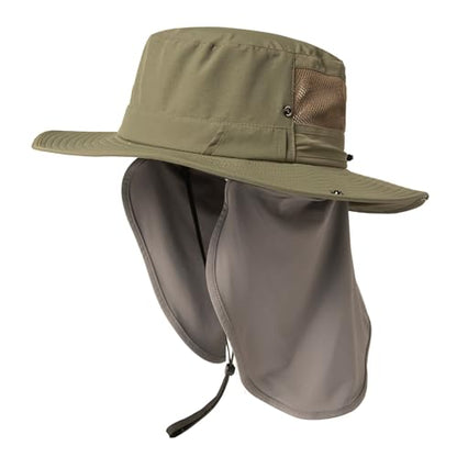 TOP-EX UVCoolix™ UV Protection Mens Sun Hat with Cooling Neck Flap Sunglass Lock Wide Brim Fishing Hats - color: Army Green, size: Medium-Large