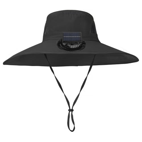 Extra Wide Brim Solar Fan Hat, Mens Fishing Hat with Fan, Neck Flap Sun Hat, UPF 50+ Solar Powered Cooling Cap Fisherman Hats - color: Black