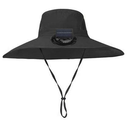 Extra Wide Brim Solar Fan Hat, Mens Fishing Hat with Fan, Neck Flap Sun Hat, UPF 50+ Solar Powered Cooling Cap Fisherman Hats - color: Black
