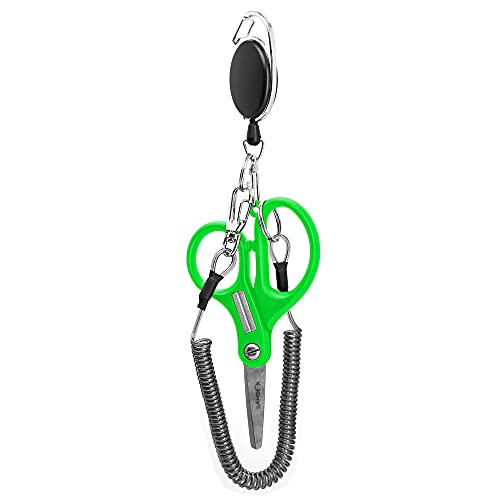 SAMSFX Fishing Braid Line Scissors Combo Multi-Function Serrated Fly Fishing Shears for Freshwater and Saltwater (Green Braided Scissors with Zinger & Lanyard)